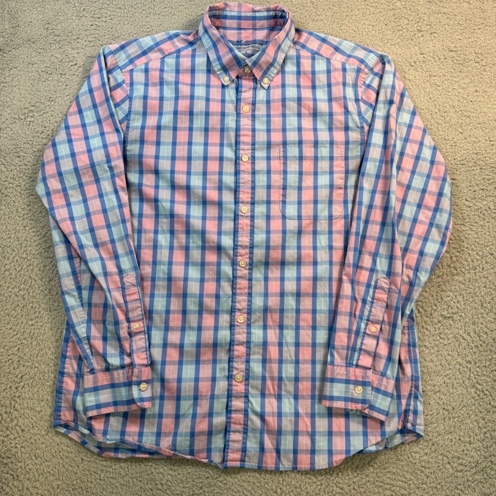 Vineyard Vines Mens On-The-Go Performance brrr Plaid Shirt Pink‎ Blue Large